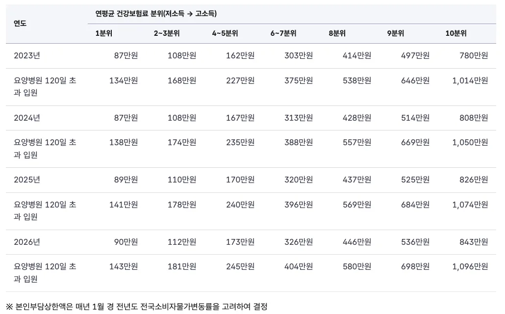 국민건강보험공단 본인부담상한액 안내 화면