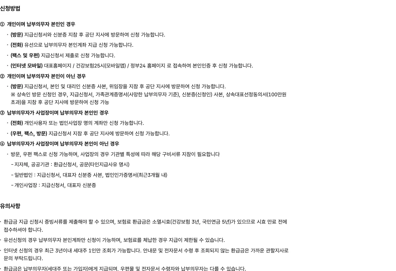 공단 보험료 환급금 제도안내 신청방법·유의사항 화면